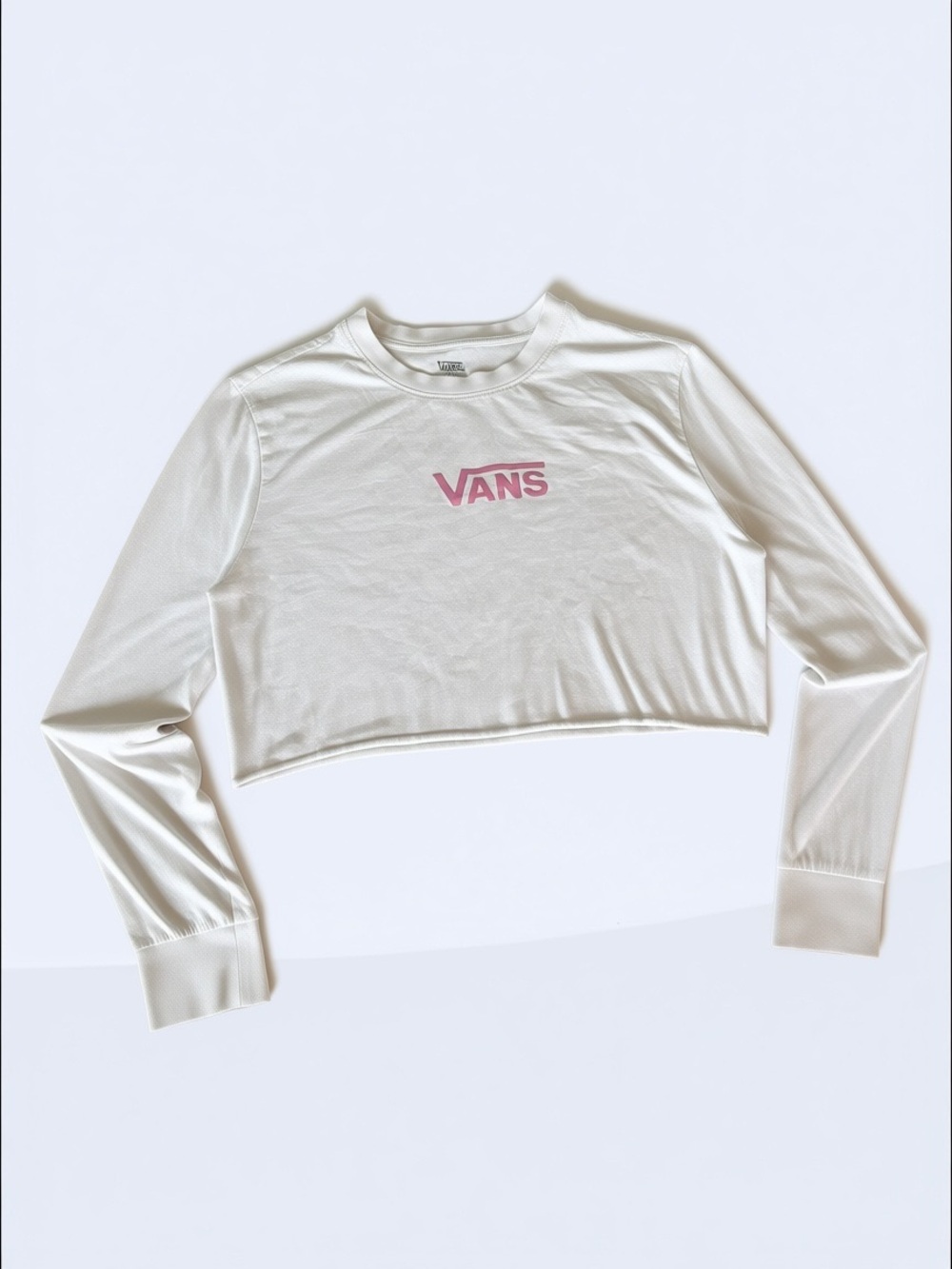 Vans Crop Top Long Sleeve Logo Tee White Pink Women's Small